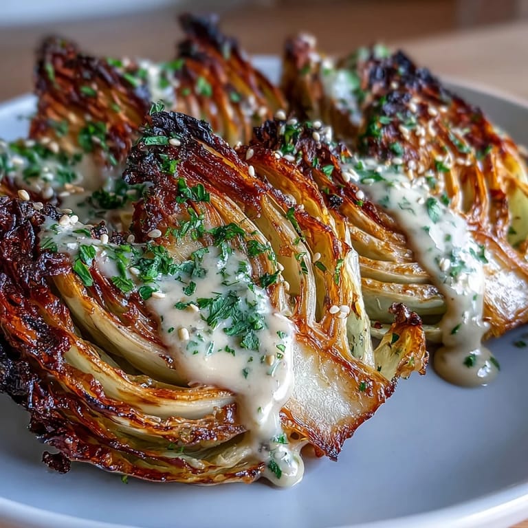 A close-up of tender roasted cabbage wedges topped with a luscious tahini sauce, garnished with parsley and a dash of smoked paprika for a vibrant side dish.  