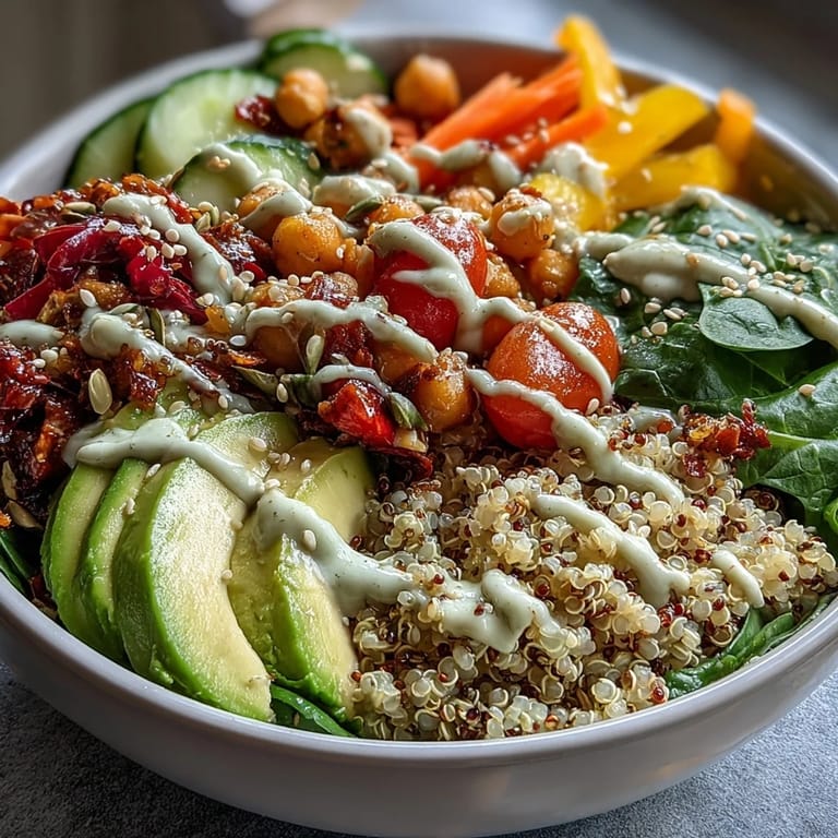 Enjoy this gluten-free Rainbow Buddha Bowl With Quinoa topped with fresh spinach and creamy avocado, perfect for dinner.