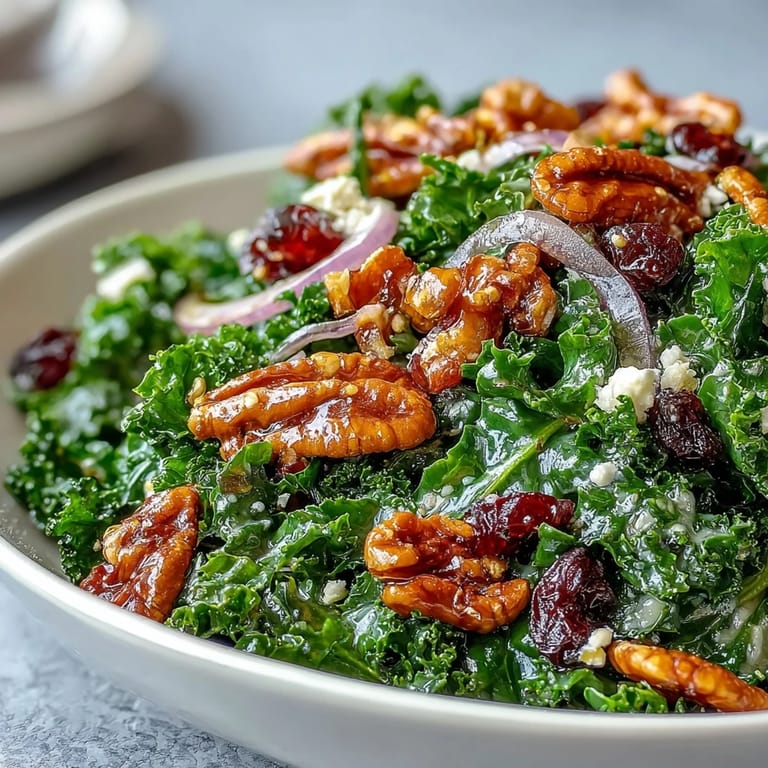 Vibrant warm kale salad tossed in maple mustard glaze with crunchy walnuts, sweet cranberries, and optional feta for a cozy side.