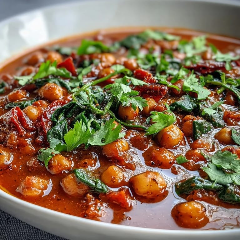 Serve this hearty Spicy Chickpea Stew over fluffy quinoa with a lemon wedge for a bright, comforting plant-based meal.
