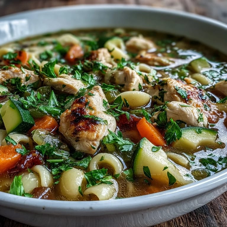 Delicious one-pot Pasta Soup With Chicken and Vegetables, brimming with al dente pasta, carrots, zucchini, and shredded chicken in a hearty, aromatic broth.