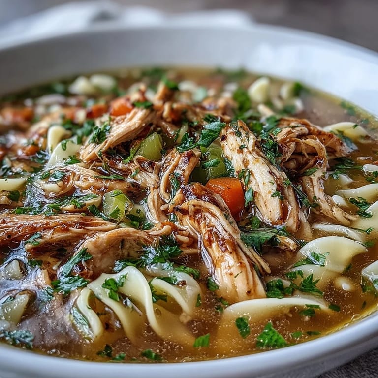 Hearty chicken and noodle soup in a rustic mug, garnished with fresh parsley, ready to warm up a chilly day.
