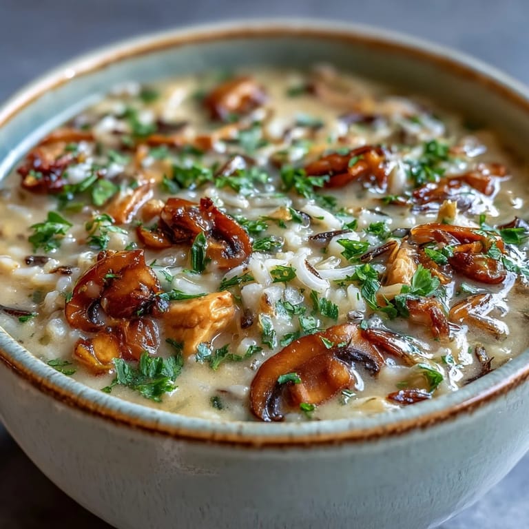 Creamy Parmesan Mushroom Chicken and Wild Rice Soup served hot, perfect for a cozy family dinner.