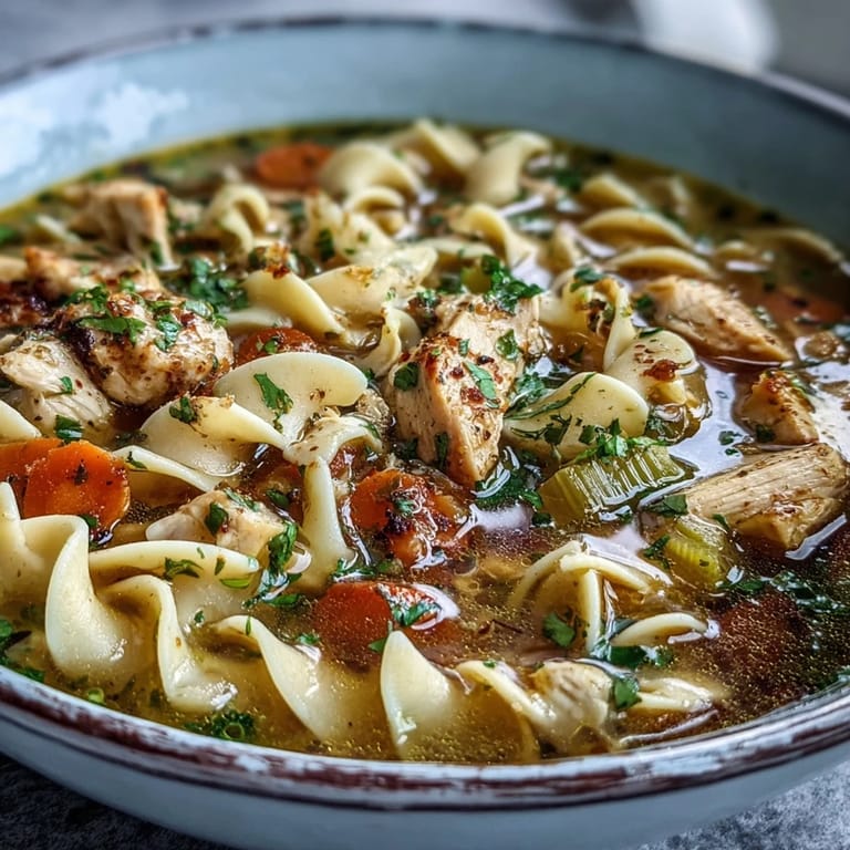 Comforting Chicken Noodle Soup featuring hearty vegetables and soft egg noodles, perfect for a cozy winter lunch.