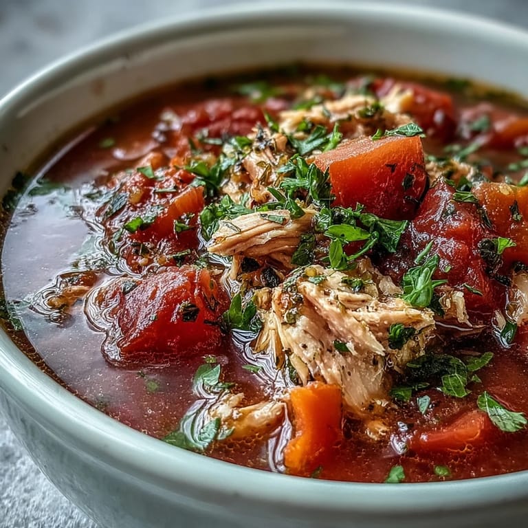Close-up view of Tuna and Tomato Soup featuring flaked tuna, diced tomatoes, and aromatic herbs in a rustic bowl.