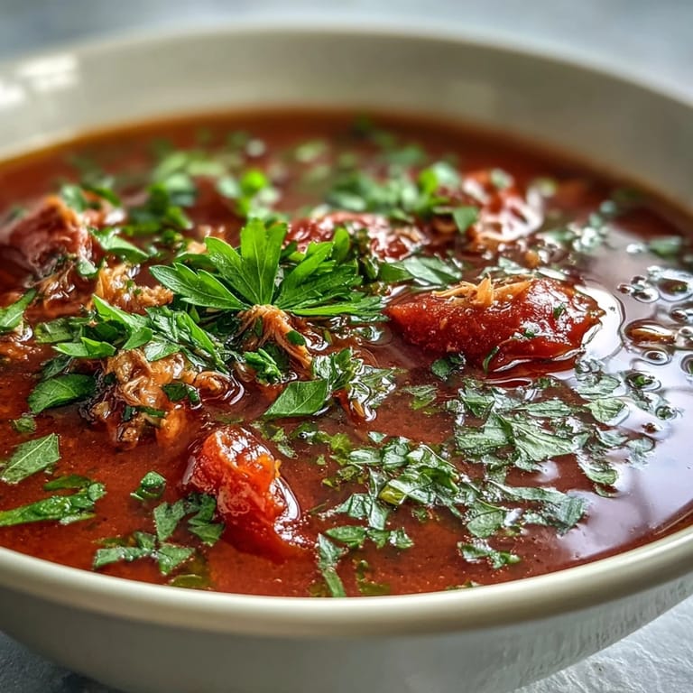 Hearty Tuna and Tomato Soup simmering in a saucepan, with steam rising and carrots visible among the tomatoes.