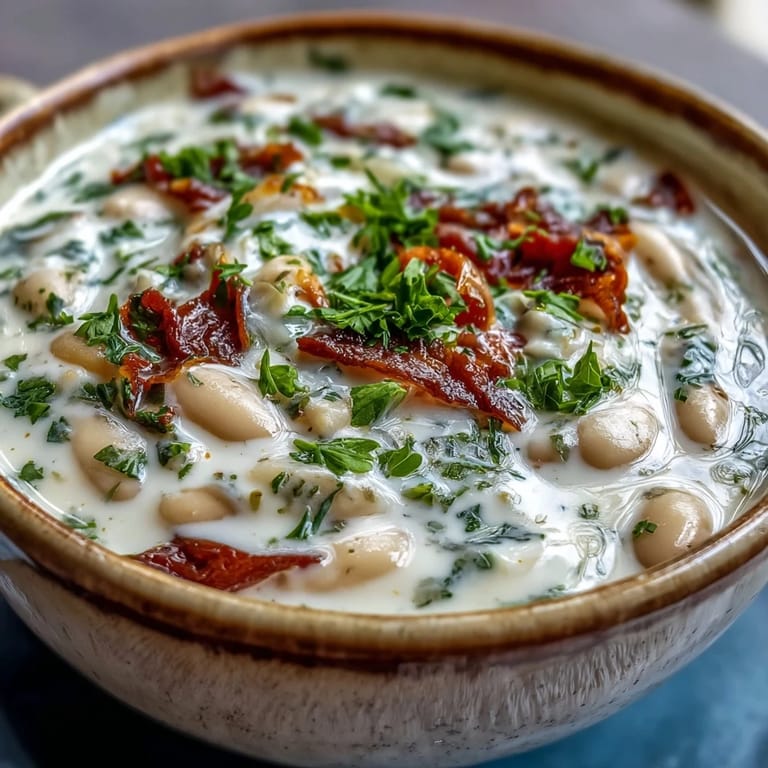 Steaming bowl of white bean soup with tomato, featuring a velvety texture and a drizzle of olive oil.