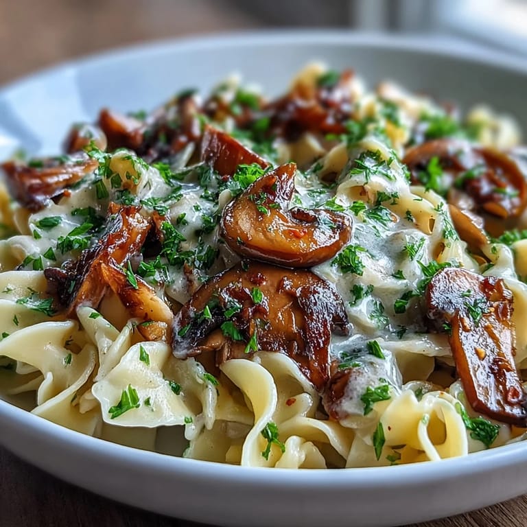 Homemade Creamy Mushroom Stroganoff pasta tossed in a luscious miso sauce, ready to serve for dinner.