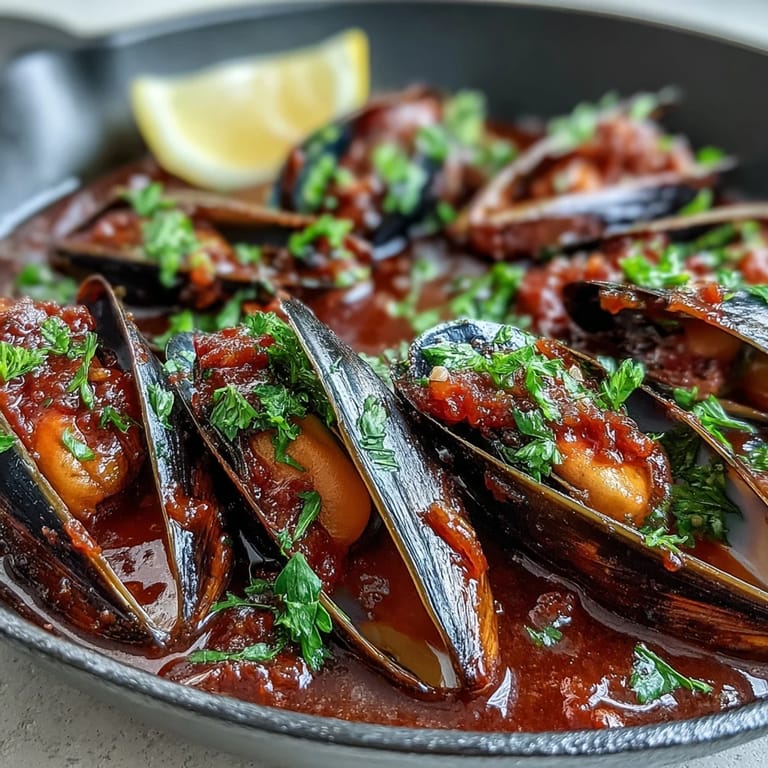 A skillet of Smoky Mussels Pomodoro steaming with Mediterranean aromas, ready to serve over pasta or with grilled sourdough.