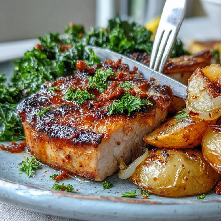 Sizzling Aleppo Pork Chops fresh from the oven, paired with crispy roasted potatoes and vibrant sautéed greens on a sheet pan.