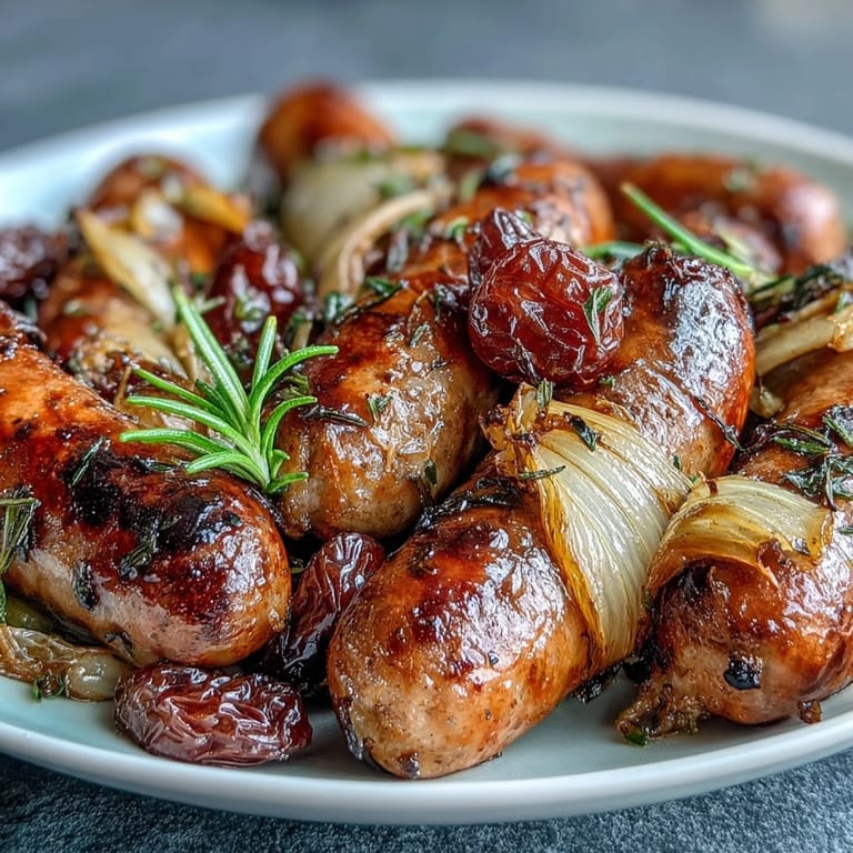 Sizzling Italian-inspired Roasted Sausage and Grapes right from the oven, garnished with fresh rosemary on a rustic sheet pan.