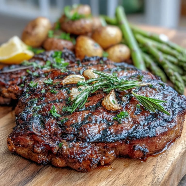 Tender bone-in rib eye steak resting before slicing, next to grilled asparagus and golden potatoes, ready for a satisfying family meal.