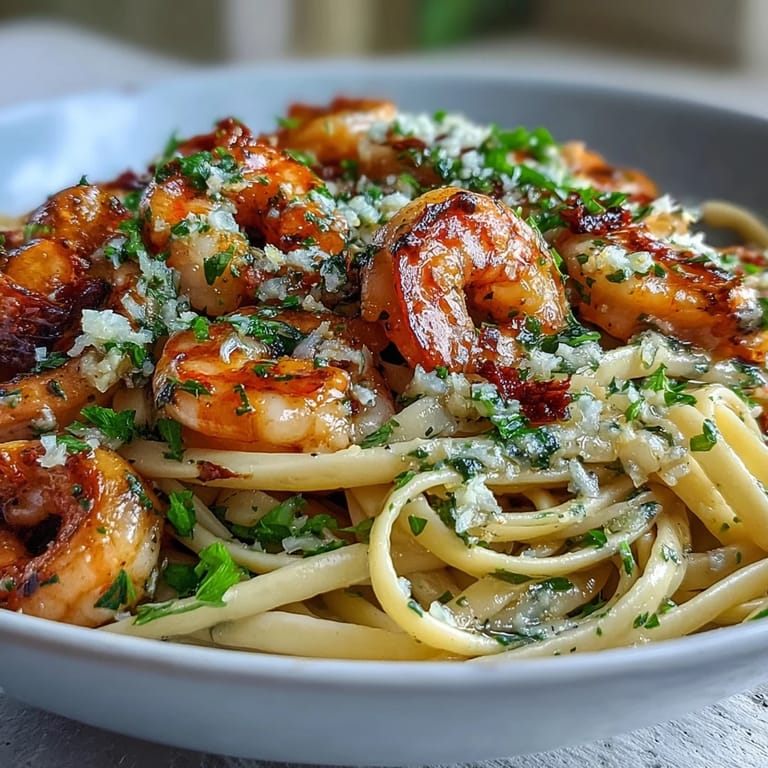 Golden shrimp sizzling in a skillet with minced garlic for a classic Shrimp Scampi With Linguine.