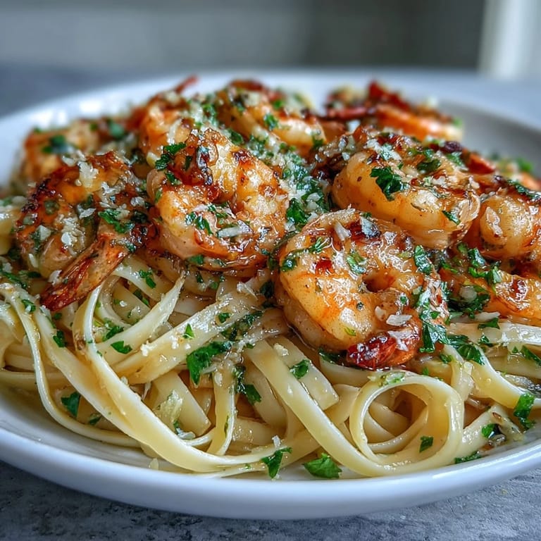 Shrimp Scampi With Linguine served in a white bowl with lemon wedges and fresh parsley.