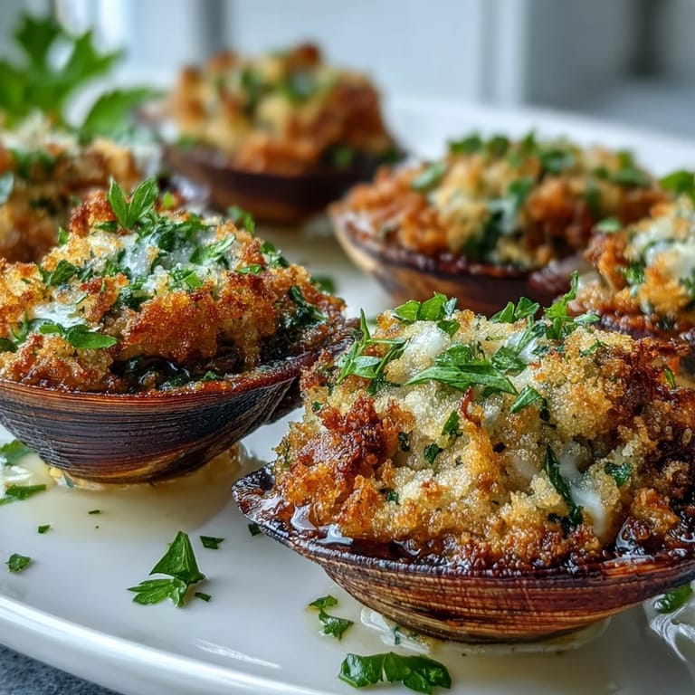 Juicy Roasted Clams With Lemony Panko rest on a baking sheet ready for dinner.