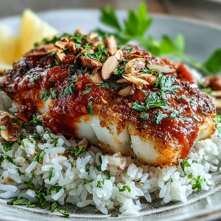 Vibrant Tomato-Roasted Cod plated with ginger rice, spooned tomato sauce, and a bright squeeze of fresh lemon.
