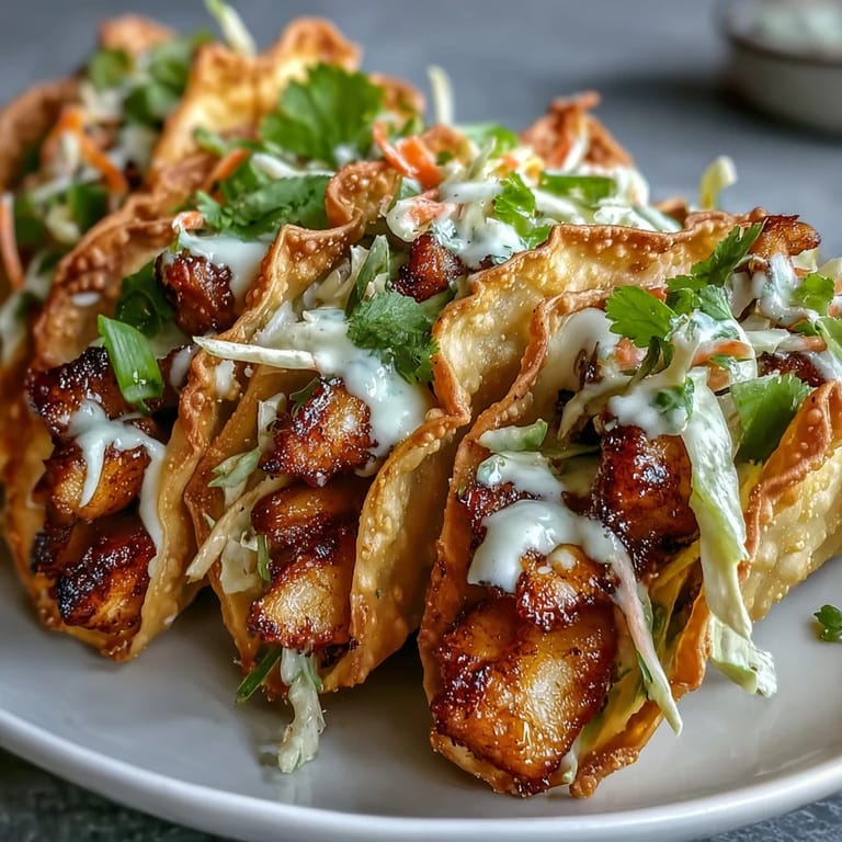 These Crispy Chicken Wonton Tacos are garnished with cilantro and green onions for extra flavor.