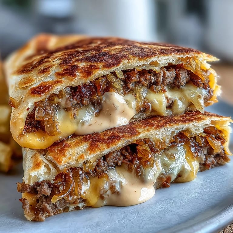 Griddled wedges of Cheesy Griddled Smashburger Quesadillas reveal juicy beef layers and a golden crust, served with pickles and fresh cilantro.