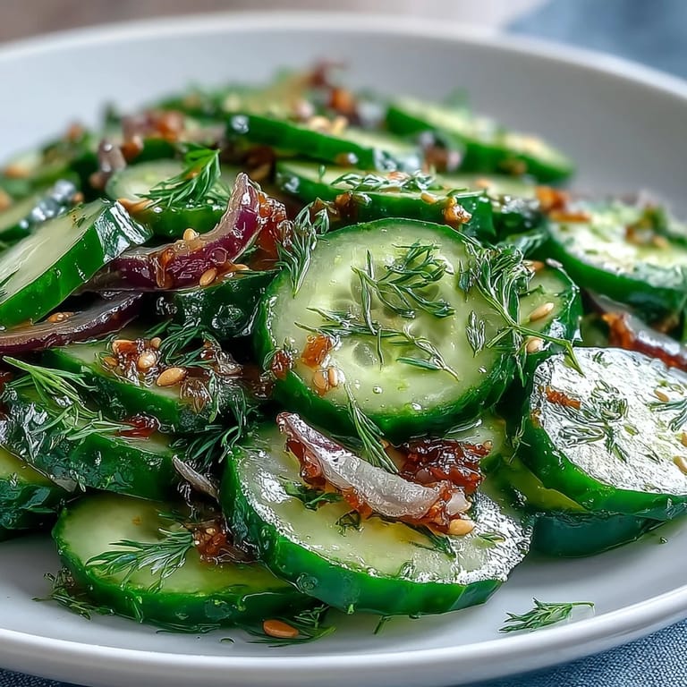 A bowl of Refreshing Crunchy Cucumber Salad featuring crisp cucumbers, julienned carrot, and cherry tomatoes in a light, sweet-tangy dressing with sesame seeds. 