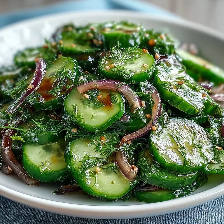 Side view of a Refreshing Crunchy Cucumber Salad plate garnished with dill, showing crunchy cucumbers and onions after a quick chill for maximum flavor.