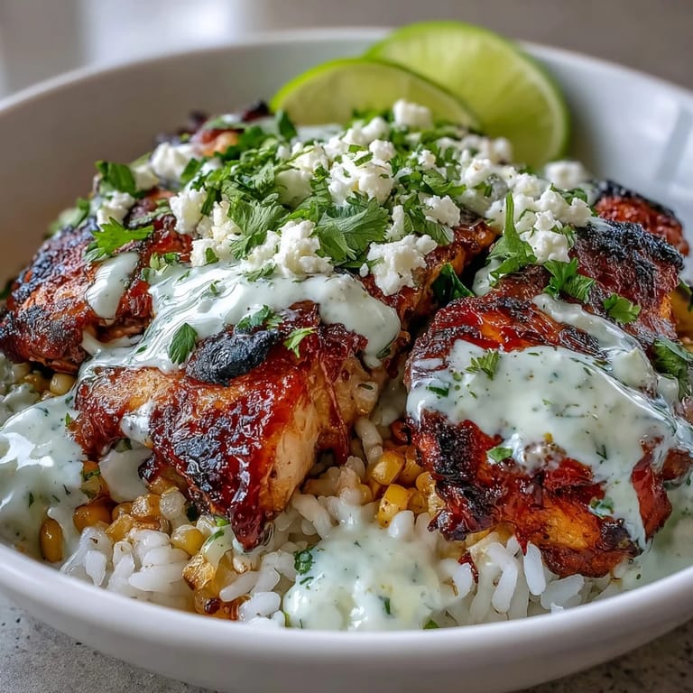 Sizzling Street Corn Chicken and Rice Bowls feature zesty crema drizzled over cotija cheese and fresh cilantro. 