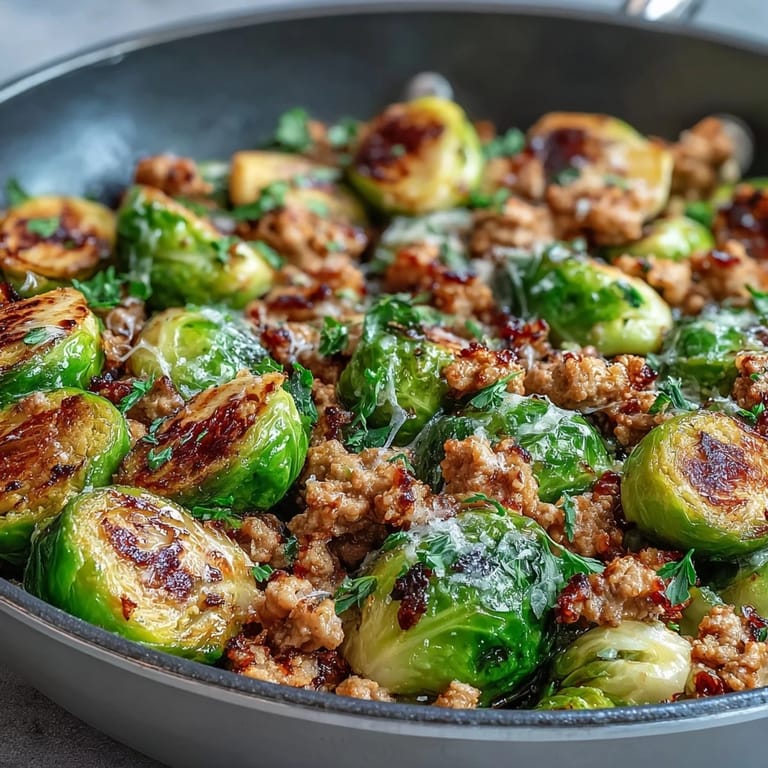 Tender Brussels sprouts pair with seasoned ground turkey in a one-pan skillet, topped with Parmesan cheese.