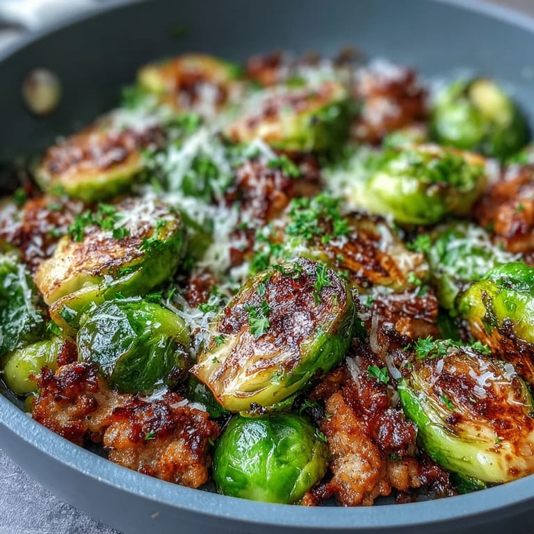 Savory ground turkey and crisp Brussels sprouts in a skillet, garnished with fresh parsley and a lemon wedge.