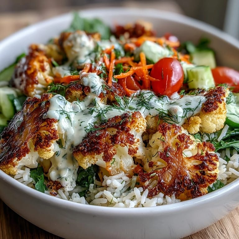 Overhead view of a hearty Roasted Cauliflower Bowl with spinach, carrots, and tomatoes.