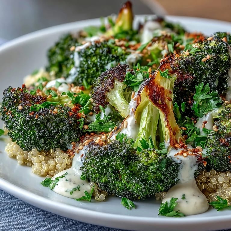 Drizzled creamy tahini sauce over a Roasted Broccoli Bowl with lemon and parsley.