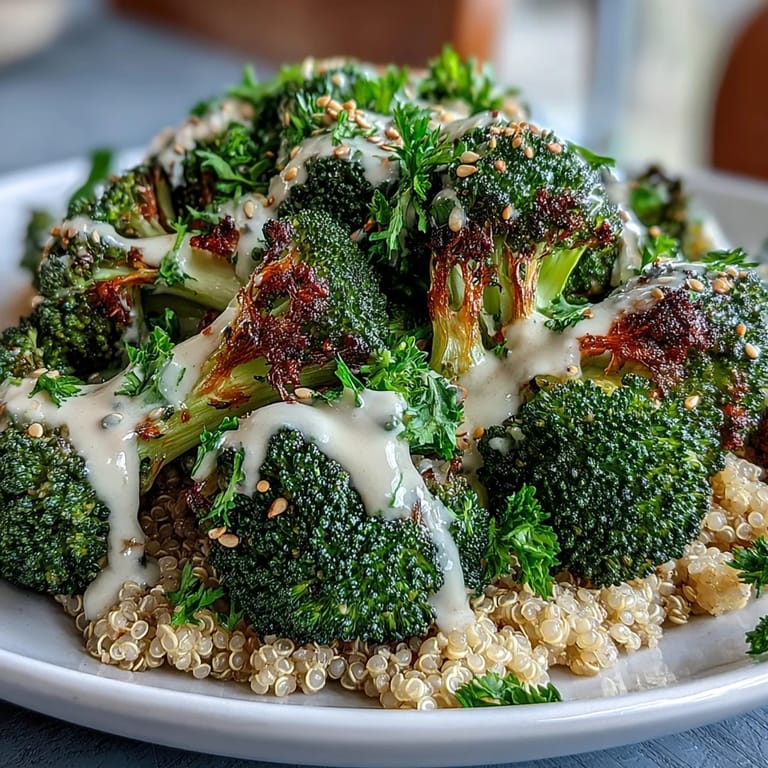 Golden crispy roasted broccoli and red onion served in a wholesome grain bowl.