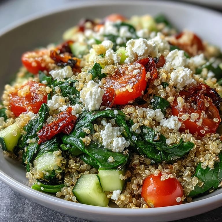 Bright Mediterranean ingredients fill this Spinach and Feta Grain Bowl, featuring sautéed greens, juicy cherry tomatoes, and fluffy quinoa topped with toasted pine nuts.