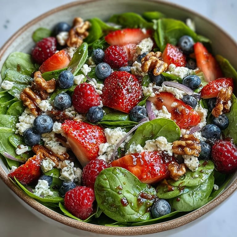 Rustic Spinach and Berry Salad Bowl showcasing crumbled goat cheese, sliced red onion, and glistening walnuts, served ready to eat as a refreshing vegetarian side dish.