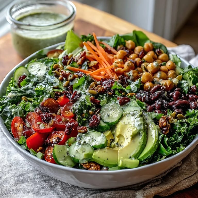 A vibrant Mixed Greens Power Bowl with chickpeas, crunchy toasted almonds, and pumpkin seeds.