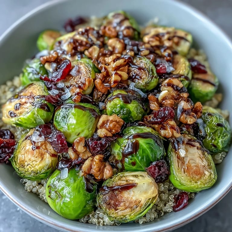 A vibrant Roasted Brussels Sprouts Bowl featuring golden roasted Brussels sprouts over fluffy quinoa, topped with crunchy walnuts and sweet cranberries.