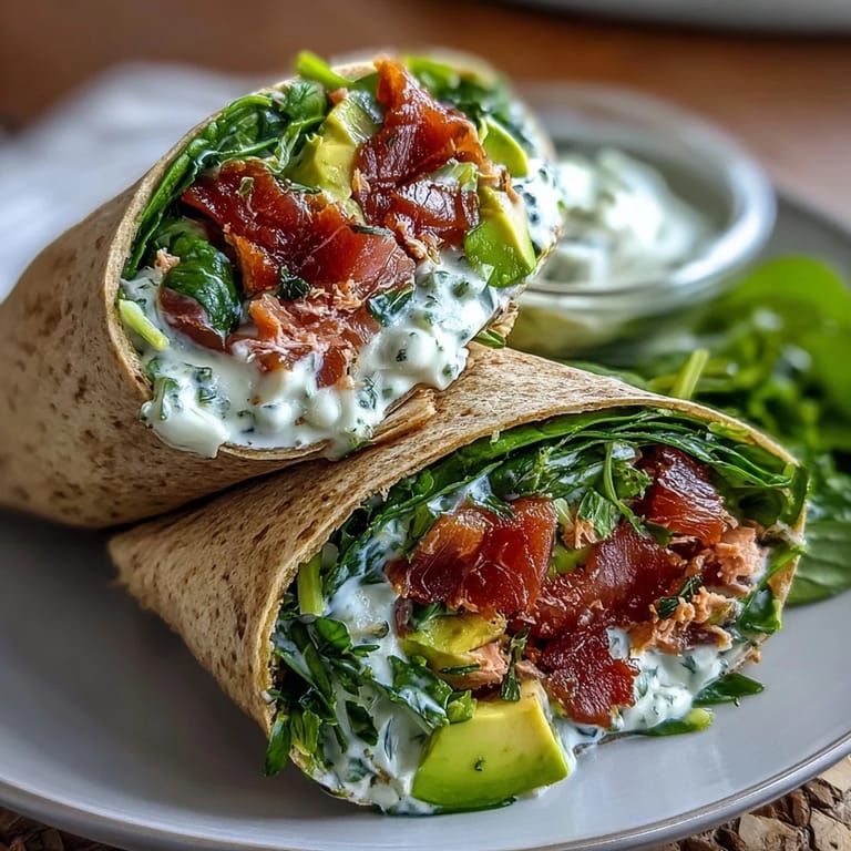 Delicious avocado tuna wraps filled with ripe avocado, canned tuna, and fresh spinach, perfect for a light meal.