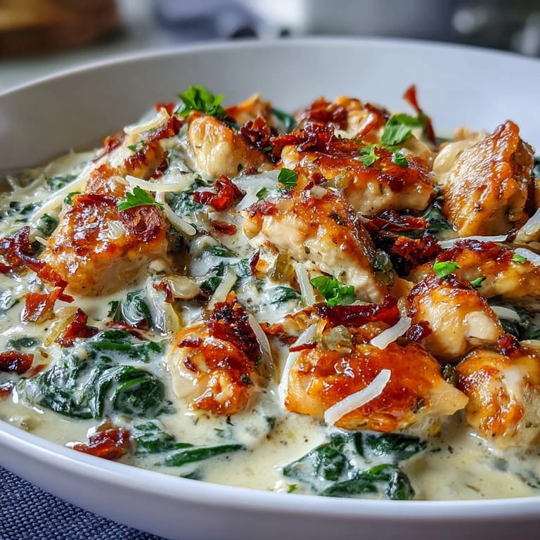 Vibrant Mediterranean-inspired dish with golden chicken, orzo pasta, and wilted spinach in a zesty lemon broth.