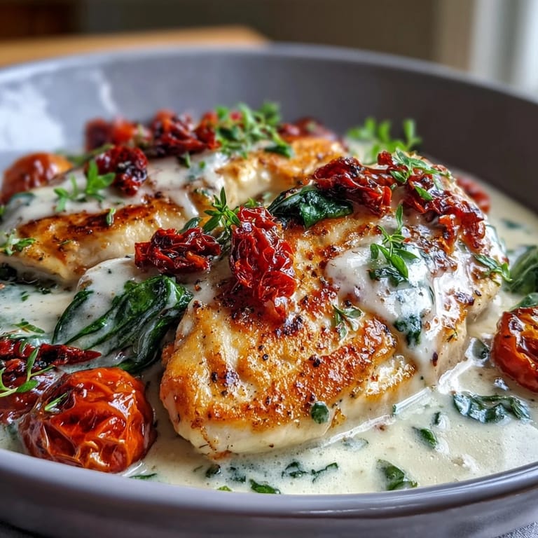 A close-up of finished Creamy Tuscan Chicken served in a pan, showcasing the rich sauce and fresh herbs.