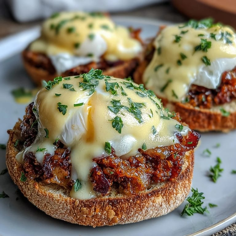Golden hollandaise drizzled over perfectly poached eggs and crisp Canadian bacon, served on warm, buttery English muffins for a classic breakfast dish.