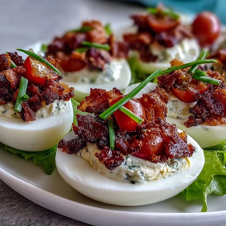 Deviled eggs filled with tangy BLT-inspired yolk mixture, topped with crunchy bacon, shredded lettuce, and diced tomatoes.