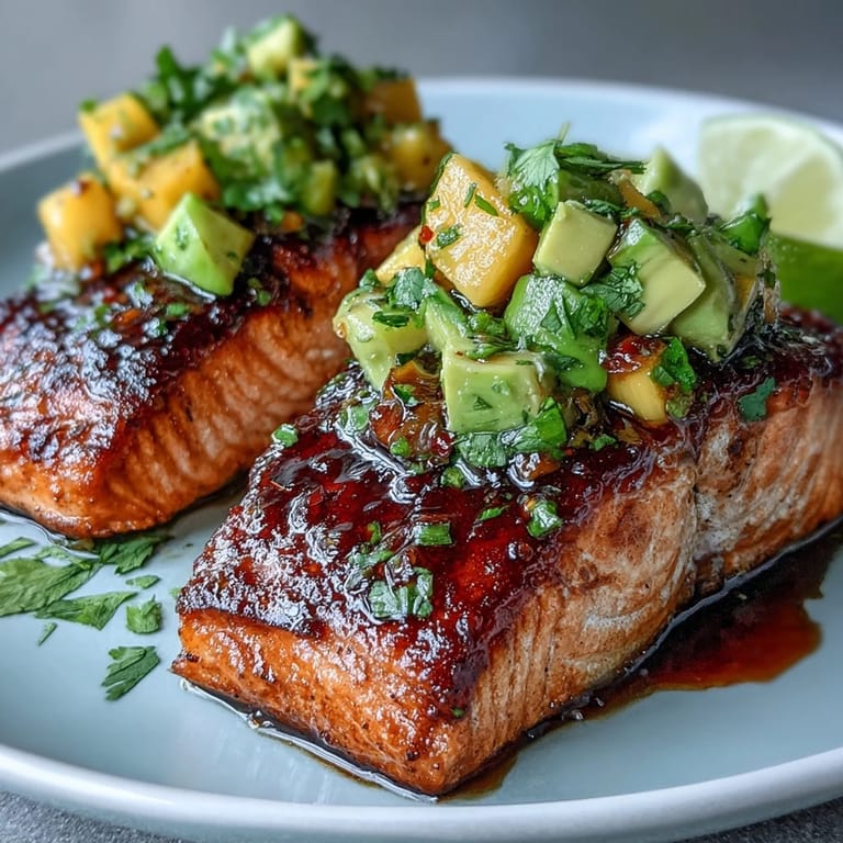 Juicy baked salmon fillets drizzled with olive oil and lime, served alongside fresh mango avocado salsa bursting with flavor.