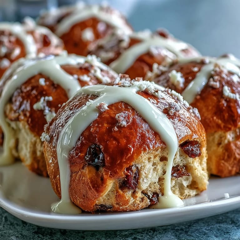 Golden hot cross buns with orange glaze, their crosses piped neatly, served warm on a rustic kitchen towel.