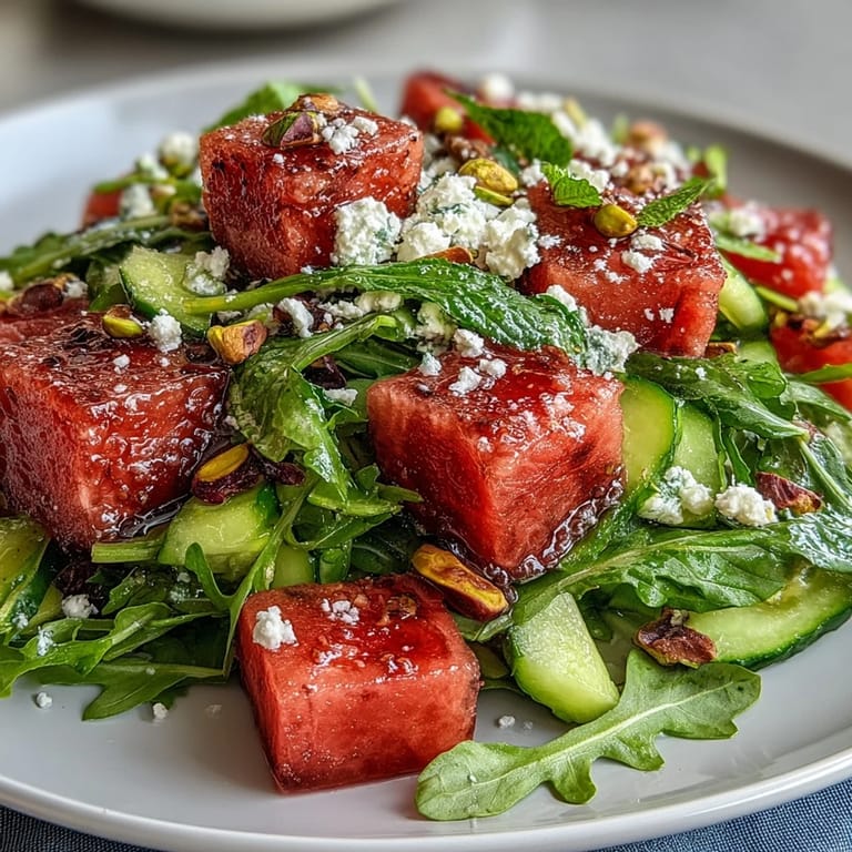 Fresh Watermelon and Arugula Salad bursting with sweet fruit, salty feta, and crisp cucumber, perfect for summer dining.