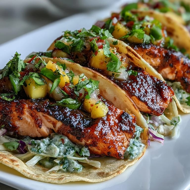 Colorful grilled salmon tacos topped with zesty mango salsa and crunchy red cabbage.  