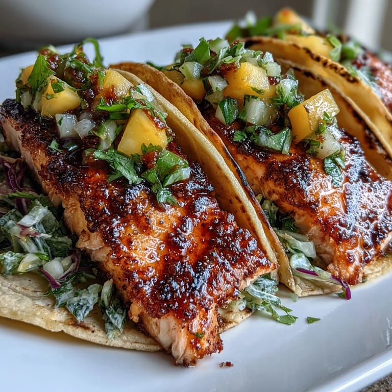 Juicy grilled salmon tacos with tropical mango salsa, perfect for a light and healthy meal.