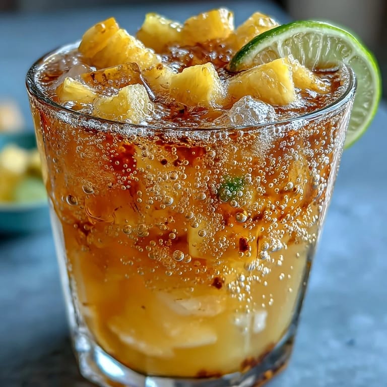 Tropical mango pineapple sparkling lemonade punch served in a clear bowl, bursting with diced fruit and citrus.