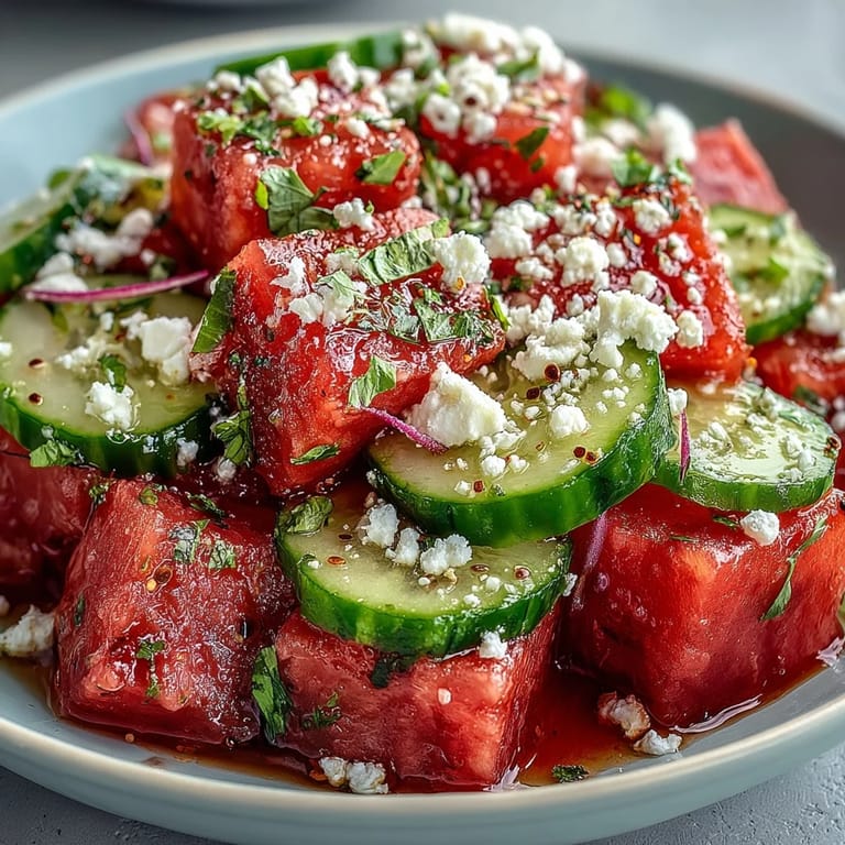 A refreshing summer salad featuring crisp cucumber, sweet watermelon, and a zesty Tajin lime seasoning for a Mexican-inspired flavor.  