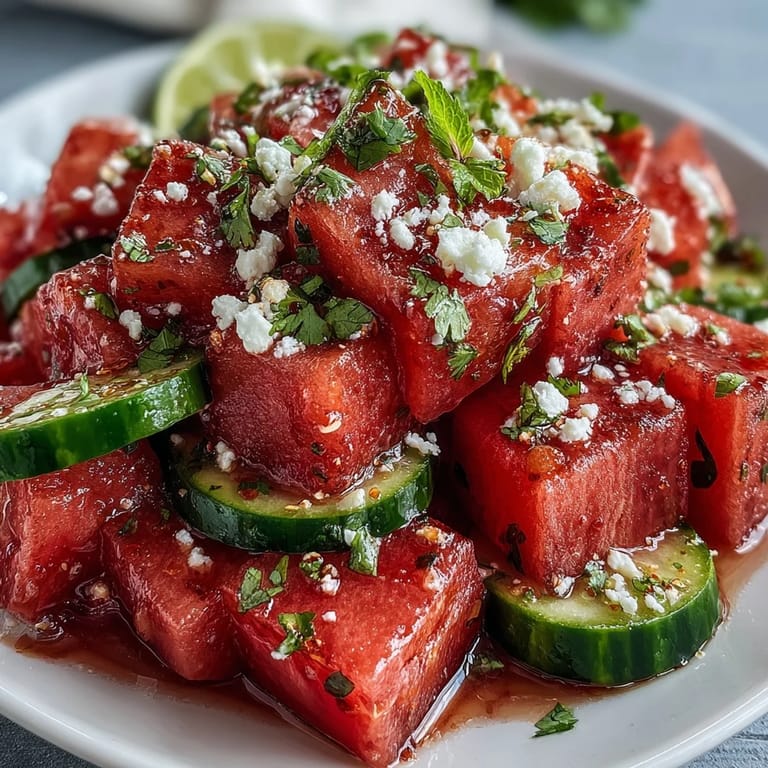Colorful watermelon cucumber salad garnished with fresh cilantro and lime zest, perfect for picnics and light summer meals.
