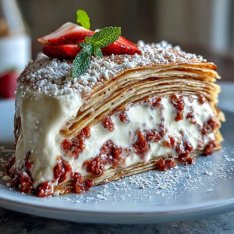 Multi-layered crêpe cake with tender French crêpes, fresh strawberry mascarpone cream, and vibrant berry garnish.