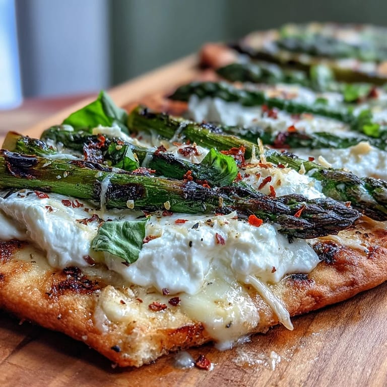 Golden flatbread layered with burrata, charred asparagus, and lemon zest, finished with chili flakes for a bright, savory bite.