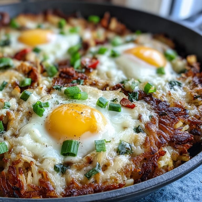 Hearty Father's Day breakfast skillet: golden hash browns, savory toppings, and eggs.